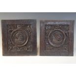 A pair of 16th century carved oak Romayne type panels, Tudor, circa 1530, each carved with a male