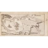 * A 17th century map of St.Tropez, possibly by Matthaus Merian, 6.5cm x 12.5cm, framed and glazed