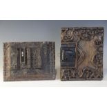 An early 16th century iron lock plate, mounted on a carved oak panel, 19cm x 25.5cm, with a