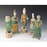 Five Chinese Sancai glazed attendants, possibly Ming dynasty or later, each glazed in green and