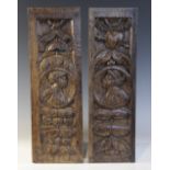A near pair of mid 16th century Romayne type panels, of slender proportions, designed as a central