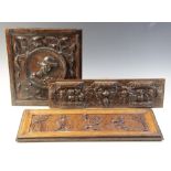 A late 17th century naïve carved oak panel, designed with three dancing figures, 22cm x 53cm, a