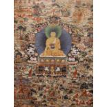 * A Tibetan Shakyamuni thangka, 20th century, featuring the tales of Avadana-Kalpalata, painted in