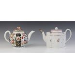 A Worcester porcelain teapot circa 1780, decorated in a kakiemon design with alternating panels, the