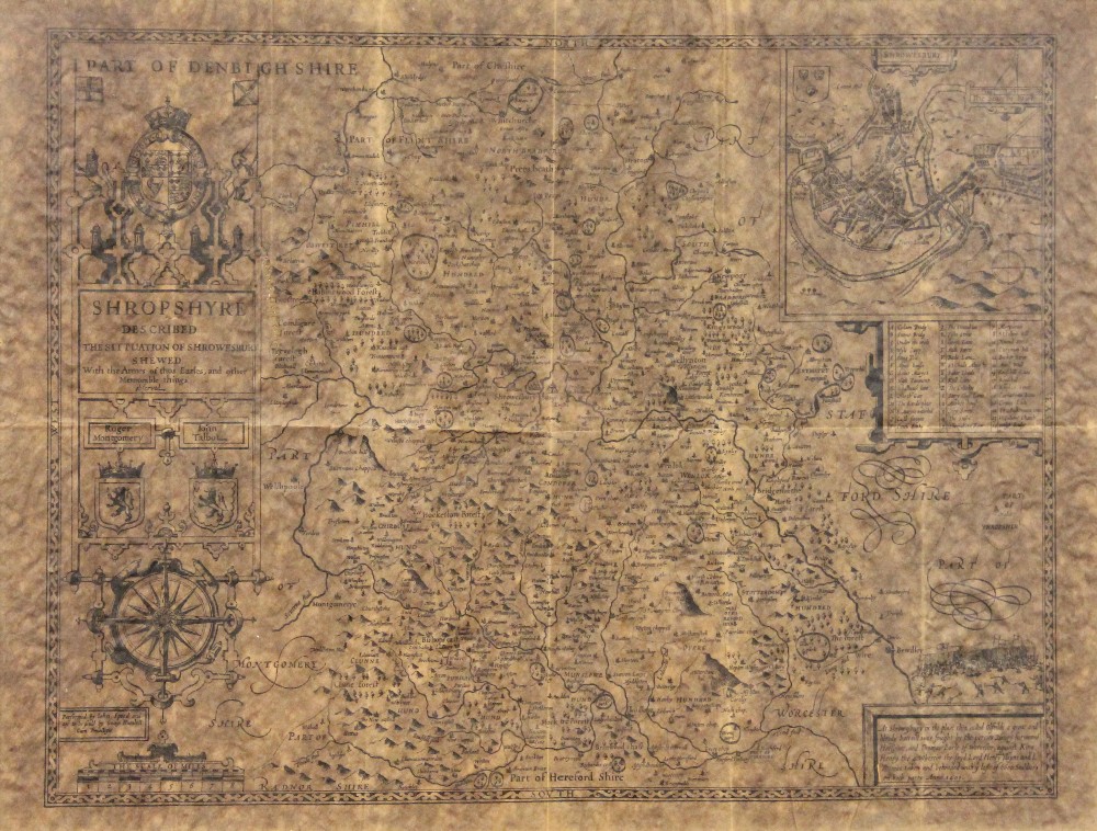 * After John Speede (17th century), an aged reproduction map titled 'SHROPSHIRE DESCRIBED, THE