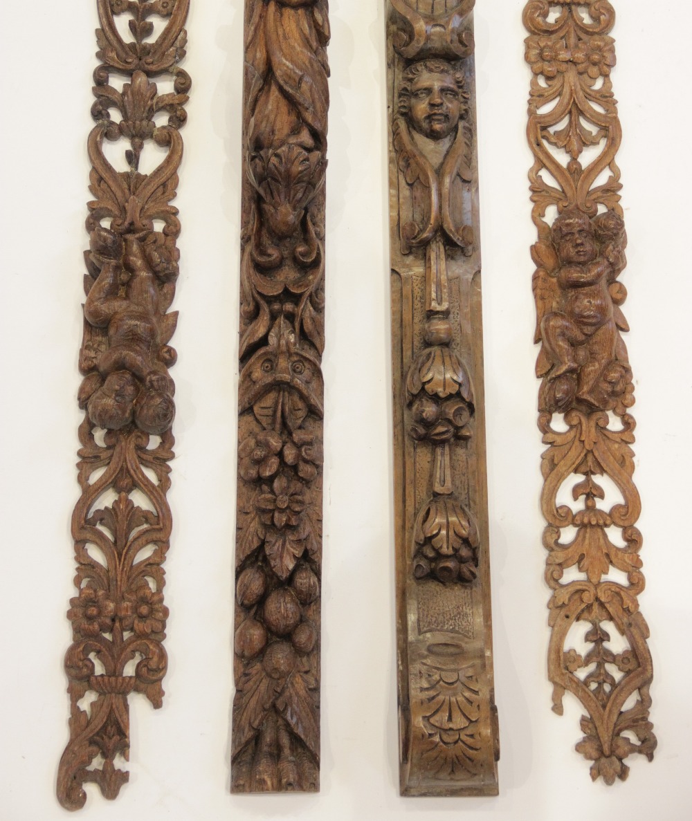 An oak carved figural pilaster, Flemish, topped by lions mask above hanging fruit, foliage and - Image 3 of 4