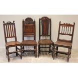 Four assorted Charles II and later oak chairs, to include an arched panel back example with a