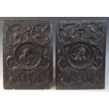 A pair of oak Romayne type panels, circa 1630, one designed with a female bust, the other with a
