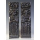 A pair of late Elizabethan figural terms, each carved as a gentleman with his arm in a sling wearing