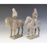 Two Chinese pottery figures on horseback, possibly Tang dynasty, each horse modelled on four legs