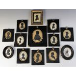 A collection of twelve portrait silhouette miniatures, 19th century and later, variously framed, the