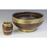 An 18th/19th century brass bound fruitwood bowl, 13cm H x 26cm D, along with a brass bound fruitwood