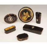 A selection of tortoiseshell and tortoiseshell coloured boxes, 19th century and later, comprising