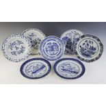 A collection of 18th century Chinese porcelain blue and white plates, to include a tobacco leaf
