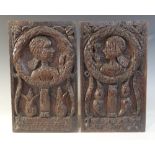 A pair of oak Romayne type panels, each designed with a female holding a single flower within a