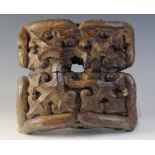 A late 15th century walnut and polychrome decorated ceiling/roof boss, of leafy quatrefoil form,