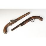 Two 19th century percussion cap pistols, both lacking firing mechanism, with chequered and rounded