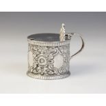 A Victorian silver wet mustard, Josiah Williams & Co, London 1893, of drum form with repoussé floral