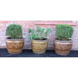 A trio of modern glazed stoneware garden planters, of tapering form with applied painted dragon