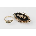A Victorian 15ct gold ring, the twist design head set with half pearls and turquoise cabochons,