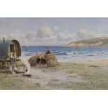 Darren Williams A.R.C.A. (contemporary British), Coastal scene with Romany caravan, Watercolour on