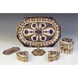 A Royal Crown Derby imari six piece dressing table set in the 1128 pattern, early 20th century,