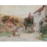 Tom Clough (British, 1867-1943), Figures conversing on a village lane, Watercolour on paper,