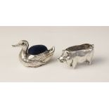 An Edwardian novelty silver pin cushion modelled as a duck , Sydney & Co, Birmingham 1906, with