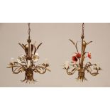 A pair of mid century Italian toleware wheatsheaf three branch ceiling light fittings, each formed