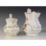 A Staffordshire documentary jug, mid 19th century, of octagonal baluster form with shaped rim, the