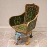An Indian polychrome painted hardwood peacock tub chair, mid 20th century, the ogee shaped