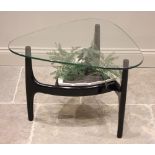 An Adrian Pearsall mid century glass top coffee table with Tonk U.S.A earthenware insert, the