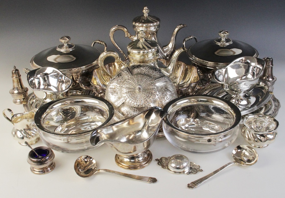 A large selection of silver plated tableware, to include a pair of Christofle twin-handled dishes