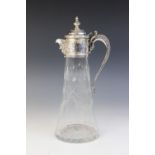 A Victorian silver mounted glass claret jug, Charles Edwards, London 1888, of tapering form with