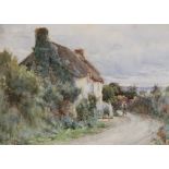 Tom Clough (British, 1867-1943), Figure on a country lane beside a thatched cottage, Watercolour