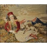 A continental tapestry depicting a young lady in traditional dress with a goat and mountains beyond,