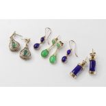 A pair of emerald and diamond 9ct gold drop earrings, each comprising an emerald cabochon within a