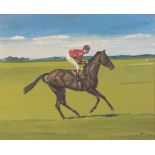 Geoff Price (contemporary British), A galloping racehorse with jockey, Oil on board, Signed lower