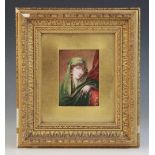 English school (19th century), A portrait miniature depicting a young lady wearing green silk with a