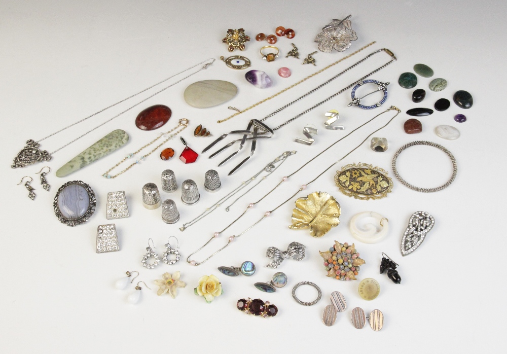 A selection of costume jewellery and accessories, including a silver gilt enamelled pendant by