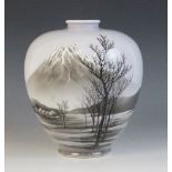 A Japanese studio vase, 20th century, of ovoid form depicting mount Fuji in relief, signed to the