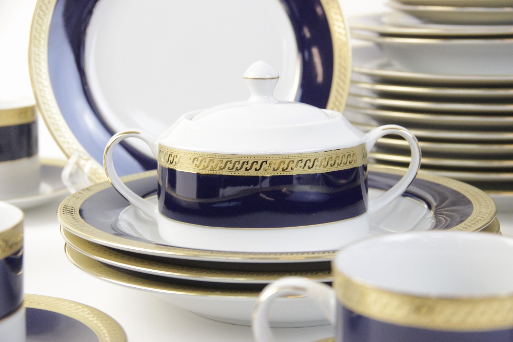 A Laklain porcelain part dinner service in the 'Regency' pattern, comprising: twelve soup plates, - Image 4 of 7
