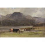 Stephen Enoch Hogley (English, 1842-1927), Highland cattle by a river in a mountainous landscape,