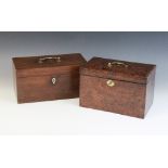A George III mahogany tea caddy, the hinged cover with brass swing handle opening to twin