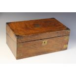 A Victorian figured walnut campaign stationery box, applied with brass shield shaped cartouche,