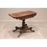 A George IV mahogany pedestal tea table, the rectangular hinged top with rounded front corners above