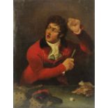 English School (19th century), A drunken gambler in red frock coat, Oil on canvas, Unsigned, 56cm