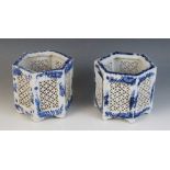 A pair of Japanese Arita porcelain blue and white incense burners, each of hexagonal form and with