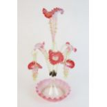 A Victorian pink and vaseline glass epergne, the central frilled trumpet shaped vase applied with