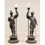 A pair of late 19th century bronzed spelter figural floor standing lamps, each modelled as a